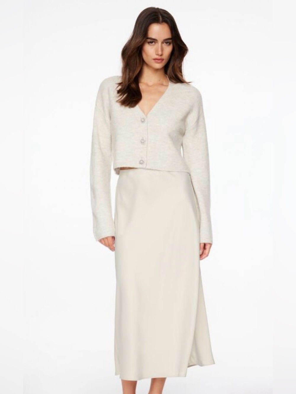 Dynamite Melody Satin Slip Midi Skirt In Pebble Gray